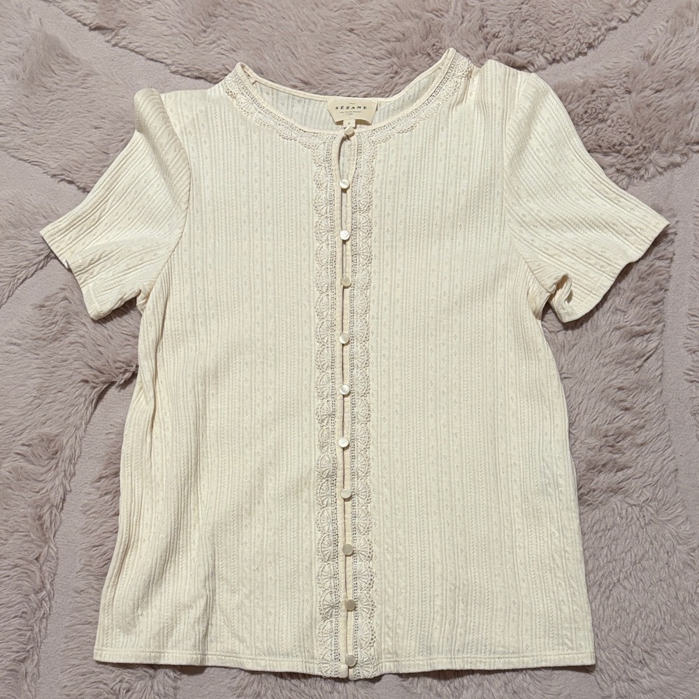 Sezane Lace Beige Short Sleeve Button-Up Top